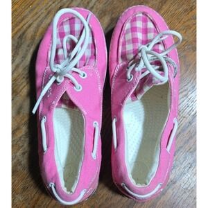 CROCS HOT PINK HOVER BOAT GINGHAM SLIP ON DECK SHOES Women's Size 7